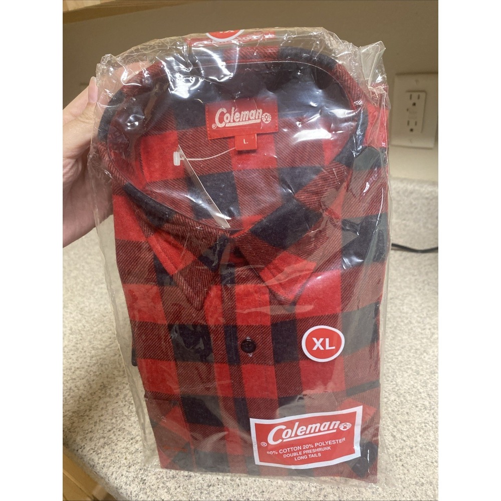 Vtg Coleman Mens Flannel Shirt XL Button Front Long Sleeve Plaid Red/Black NOS